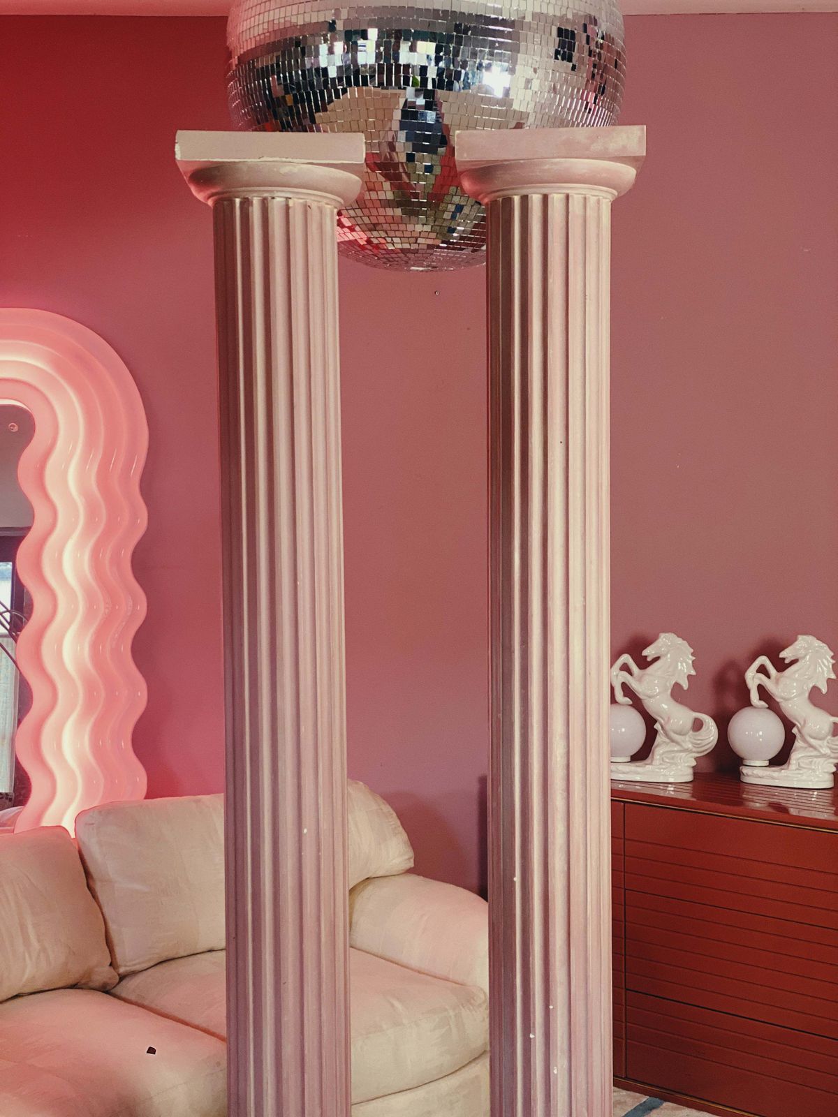 Pair Of Large Pink Plaster Pillars. Italian 1980s photo vinterior