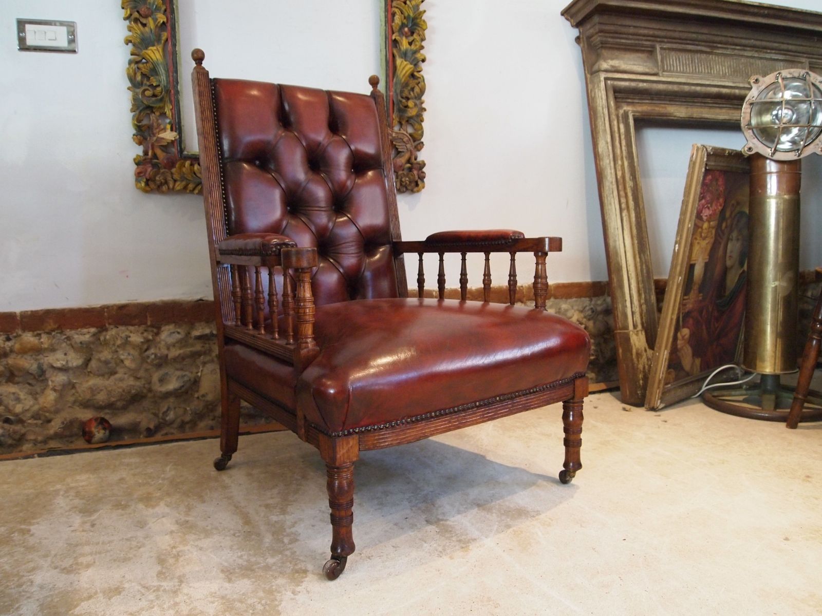 Chair Fine Early Victorian Oak & Chestnut Leather Armchair C1840