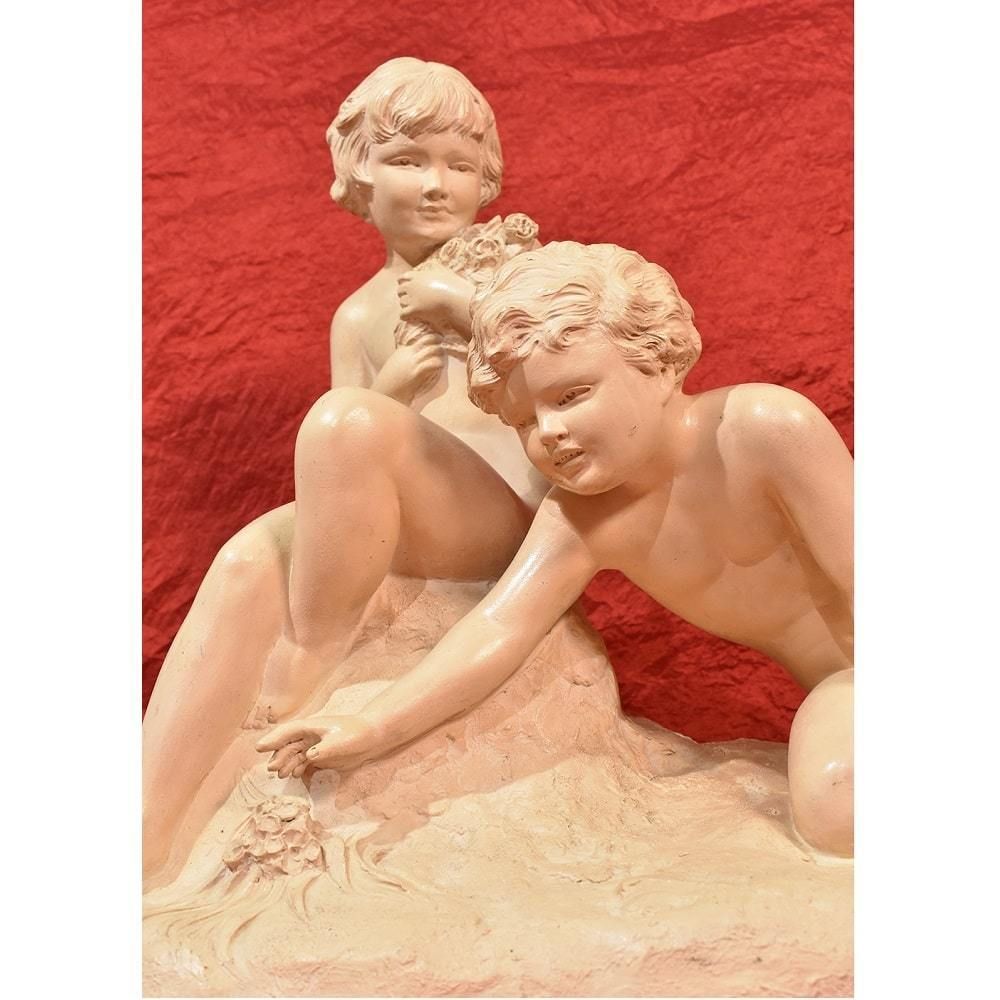 Art Deco Sculpture, Terracotta, Two Children Playing, Ugo Cipriani, 20th Century. (Stte70) photo Art