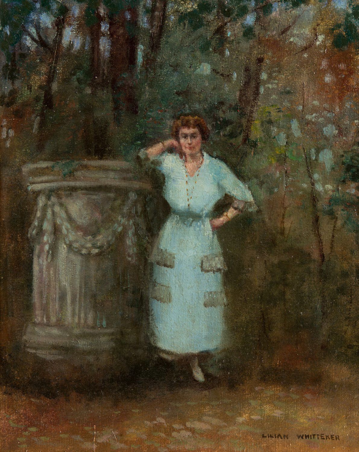 Lilian E. Whitteker  Woman In A Park  Oil On Canvas  C. 1937 photo for sale
