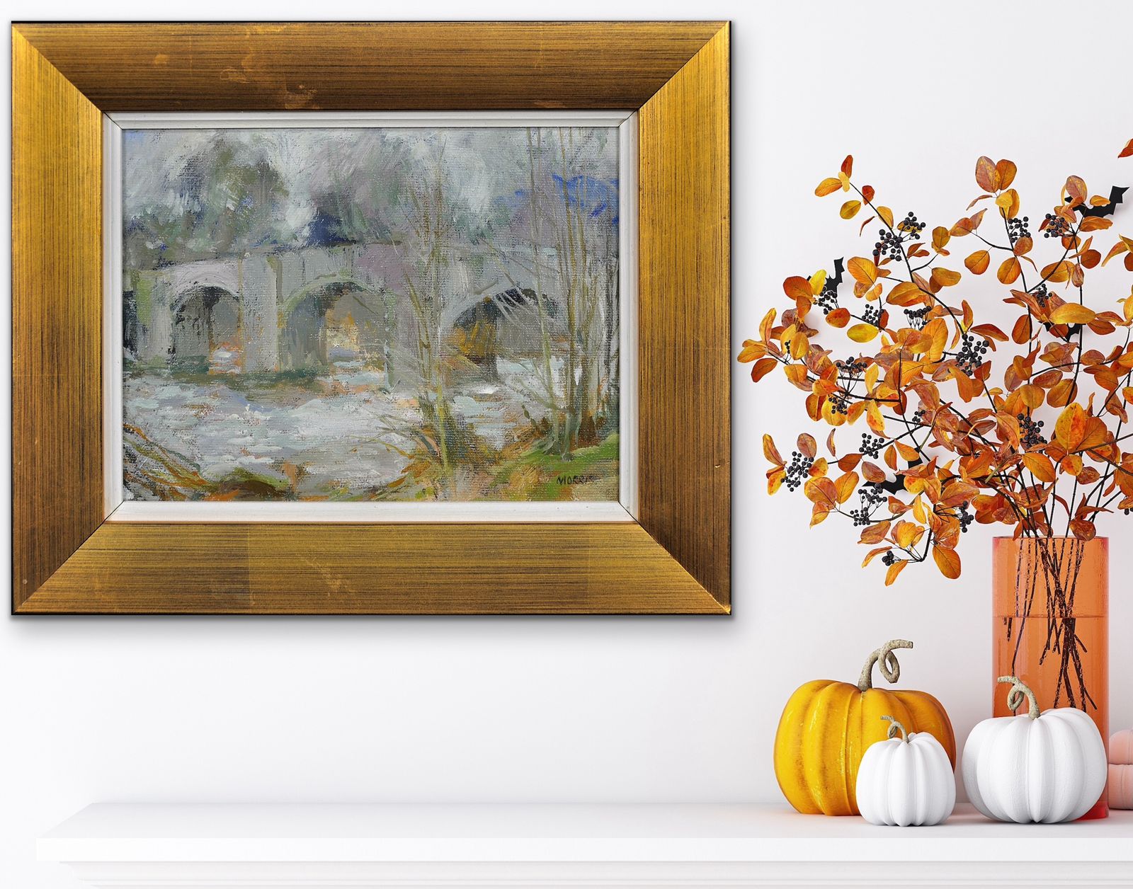 photo for sale Anthony Morris B.1938.  English. Llangynidr Bridge Over The River Usk, Wales In Winter. Oil On Board. Framed .Powys. Crickhowell. Welsh Landmark.