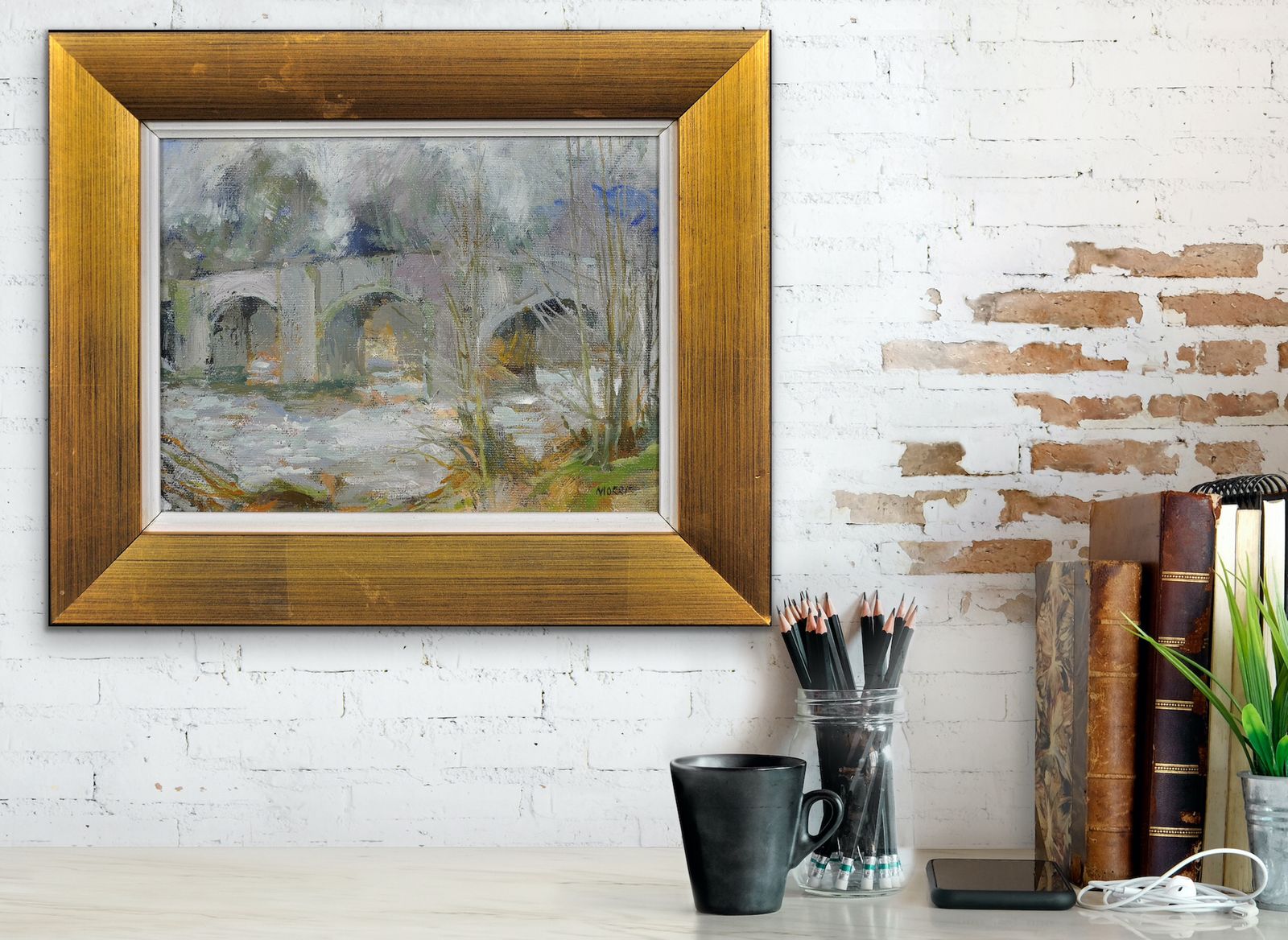 photo vinterior Anthony Morris B.1938.  English. Llangynidr Bridge Over The River Usk, Wales In Winter. Oil On Board. Framed .Powys. Crickhowell. Welsh Landmark.