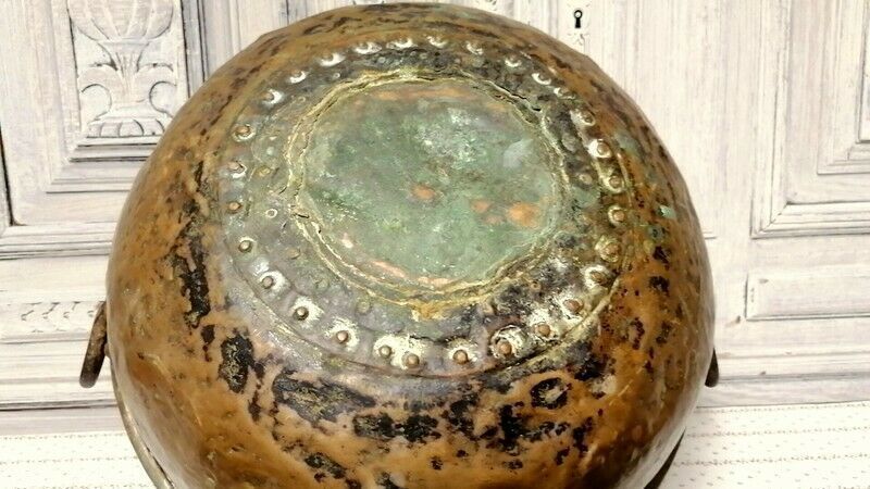Antique Hanging French Hammered Copper Flower Pot Log Fireplace photo for sale