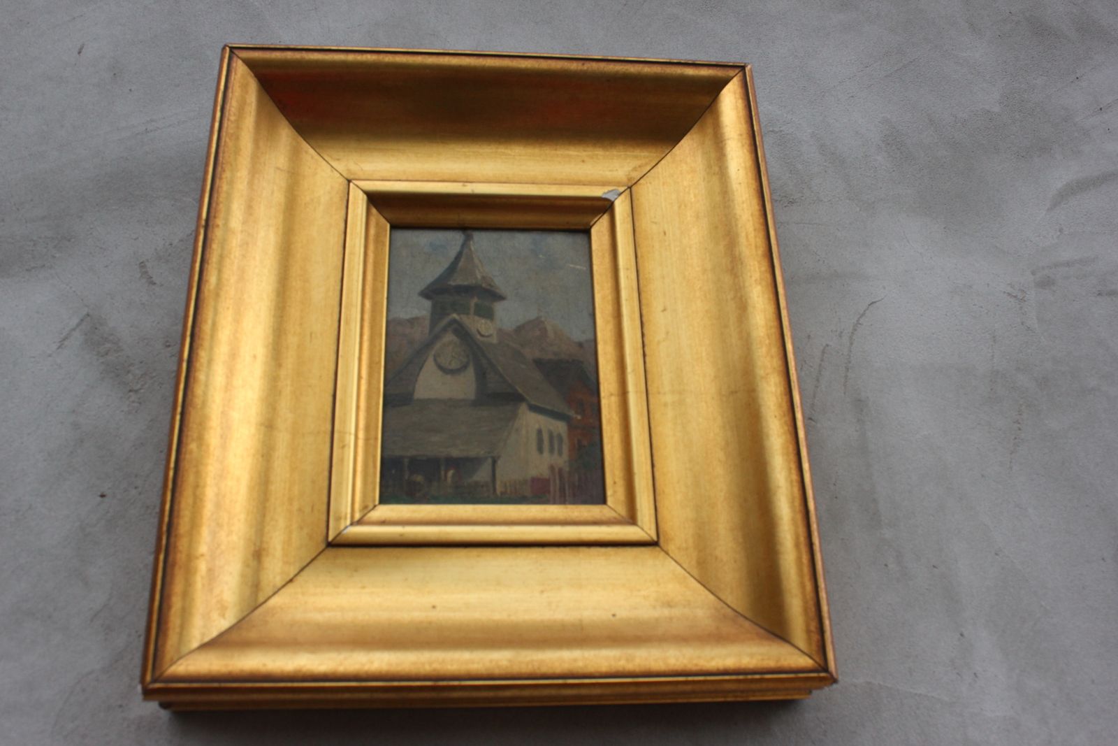 Original Landscape Oil Painting, Pastoral Scene Art In Wide Gold Frame photo vintage