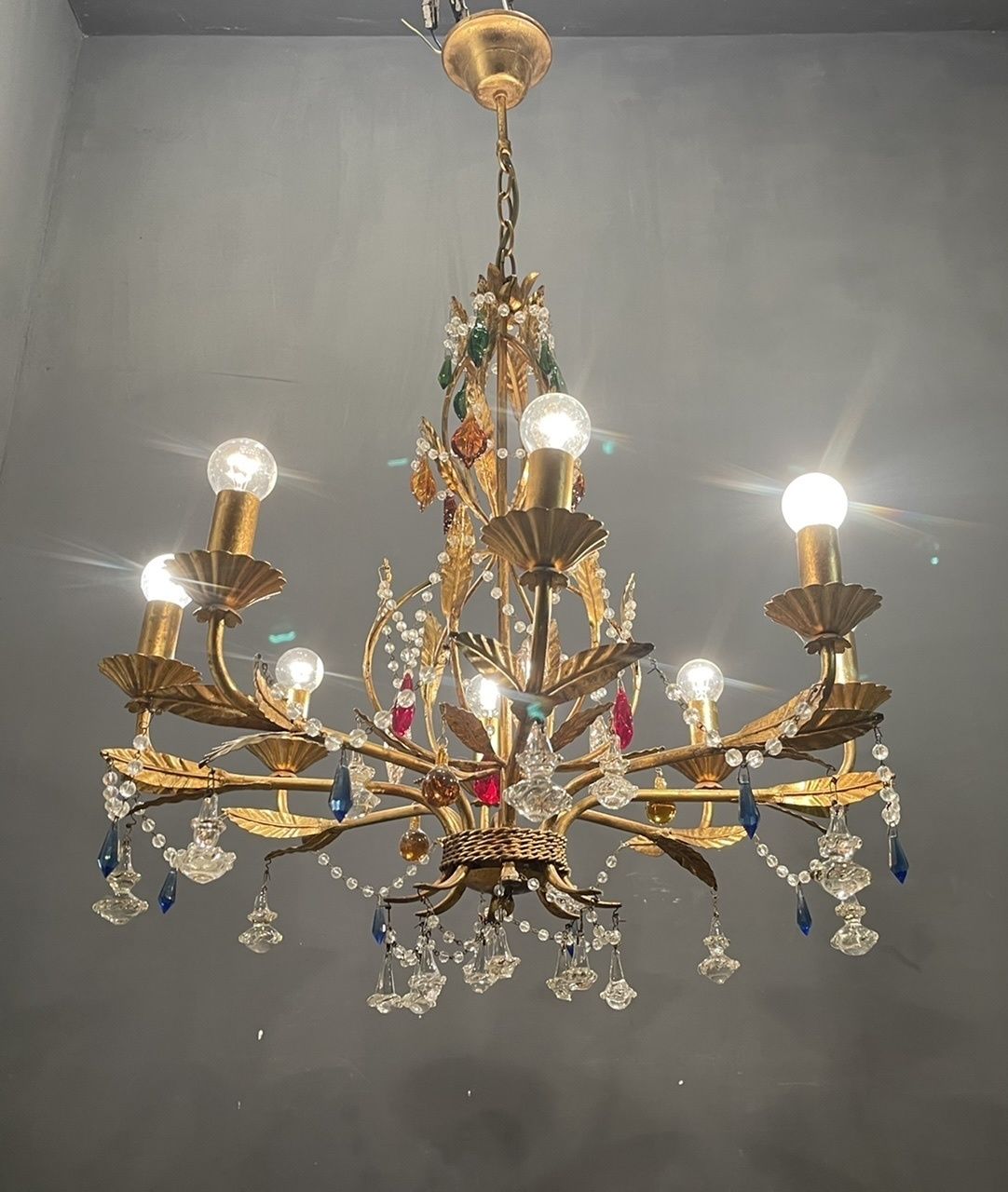 Italian Florentine Gold Gilded Murano Glass Chandelier photo for sale