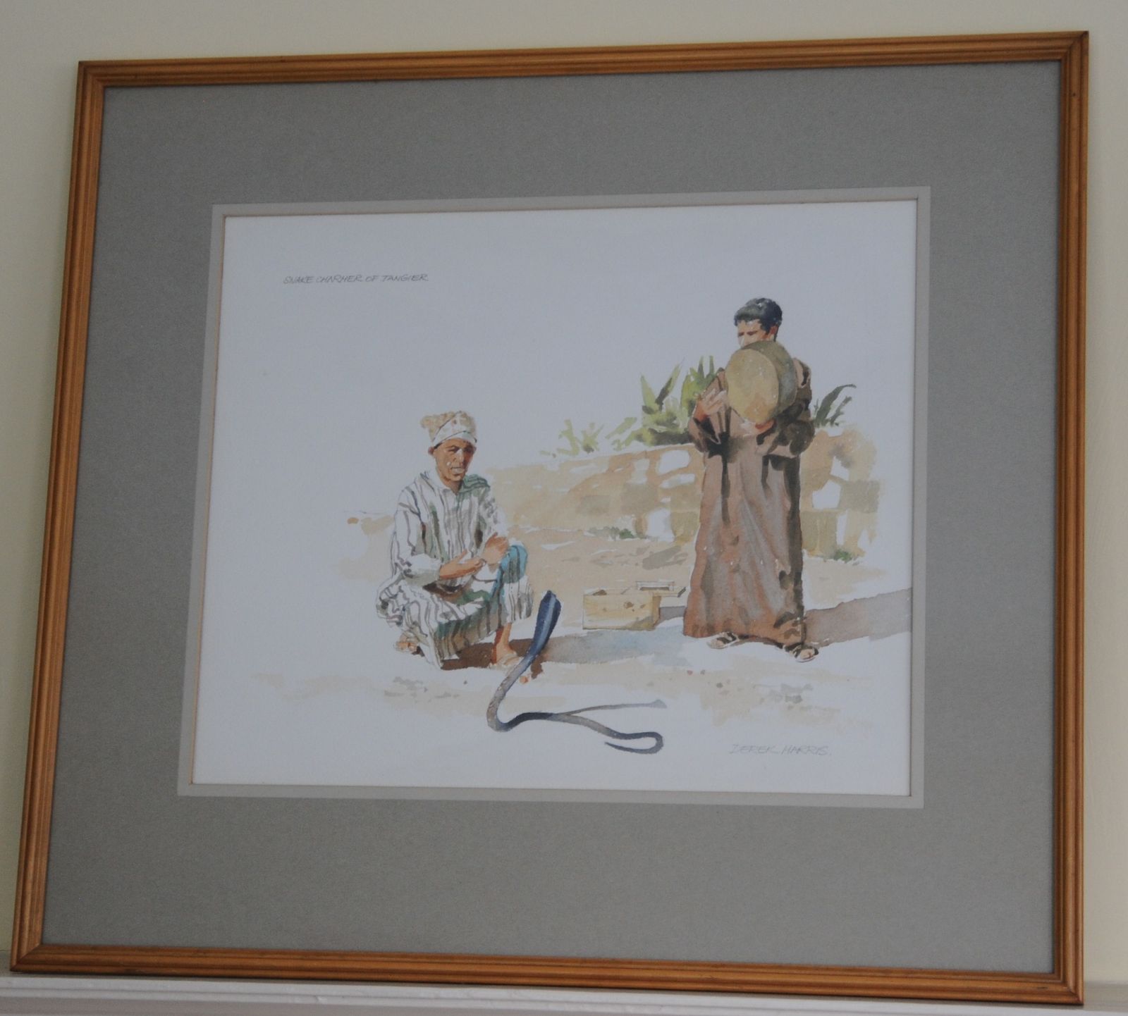 Vintage Painting By Derek Harris Depicting Moroccan Snake Charmer photo furniture