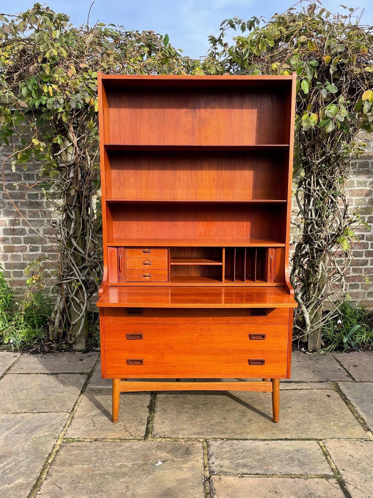 Teak Tambour Fronted Danish Secretaire Bureau With Pull Out Desk 1950's photo for sale