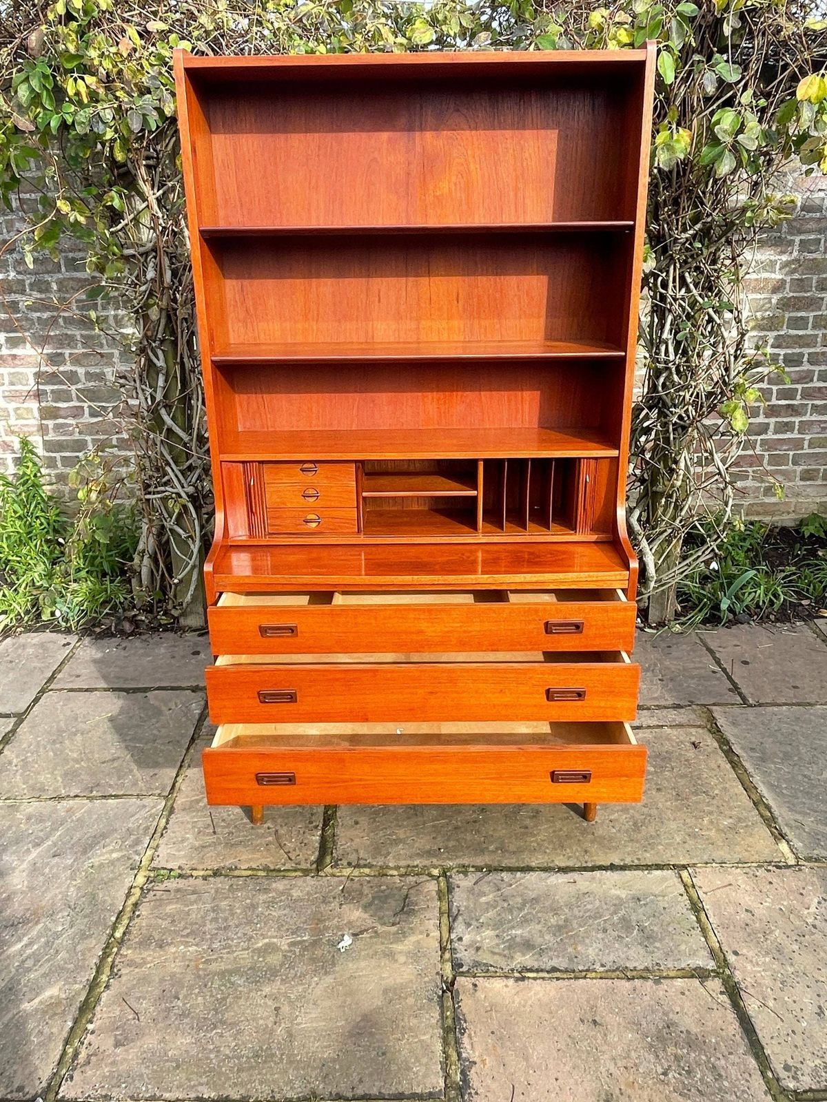 Teak Tambour Fronted Danish Secretaire Bureau With Pull Out Desk 1950's photo 1300.0