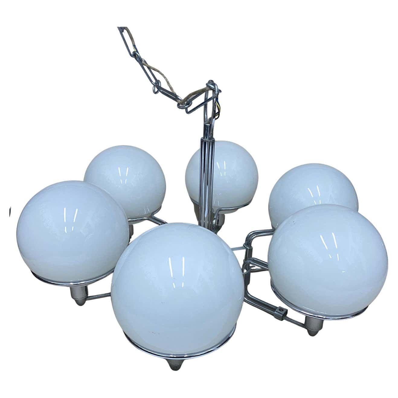 1970s Set Of Two Space Age Opaline Glass And Chromed Metal Italian Pendants photo furniture