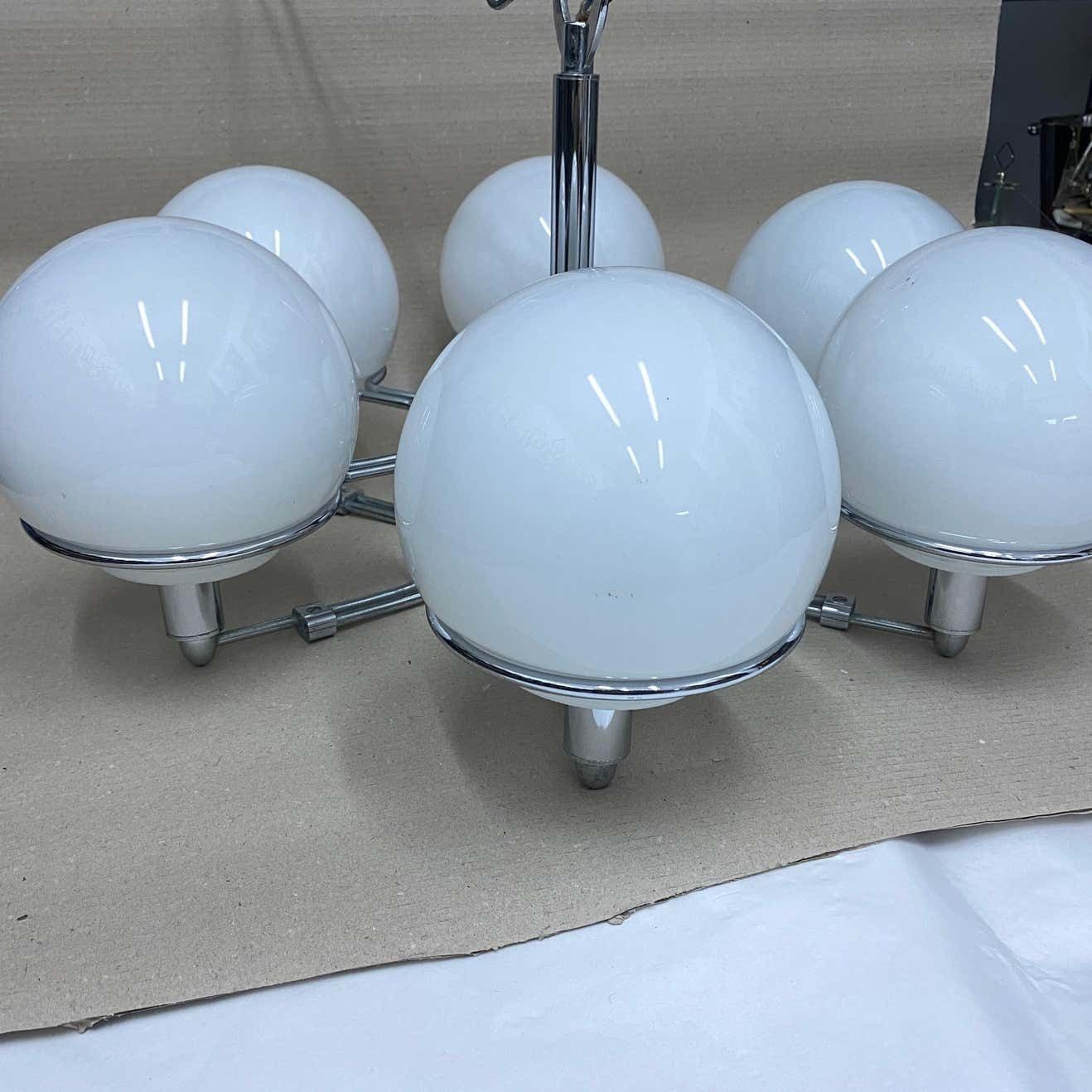 1970s Set Of Two Space Age Opaline Glass And Chromed Metal Italian Pendants photo for sale