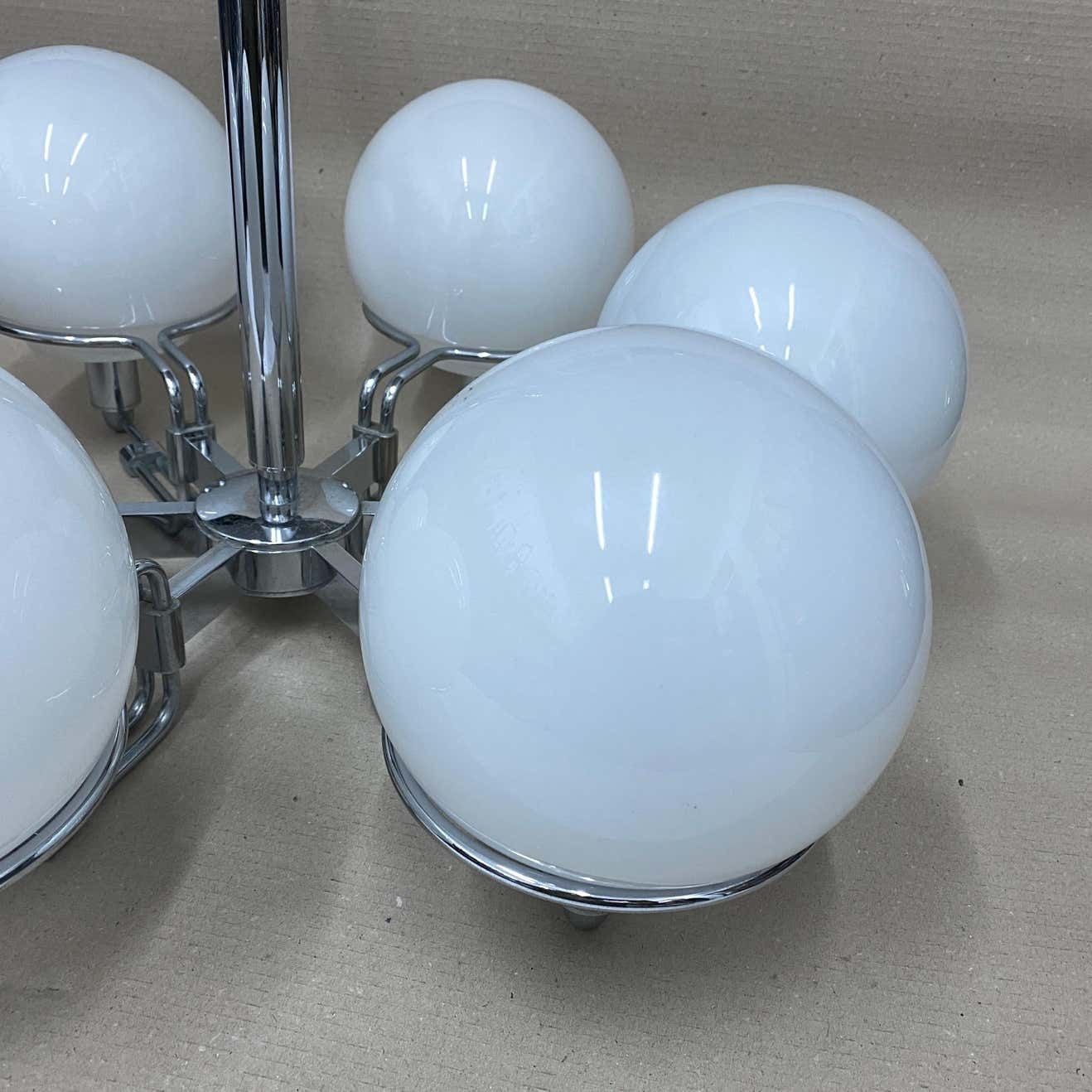 1970s Set Of Two Space Age Opaline Glass And Chromed Metal Italian Pendants photo vinterior