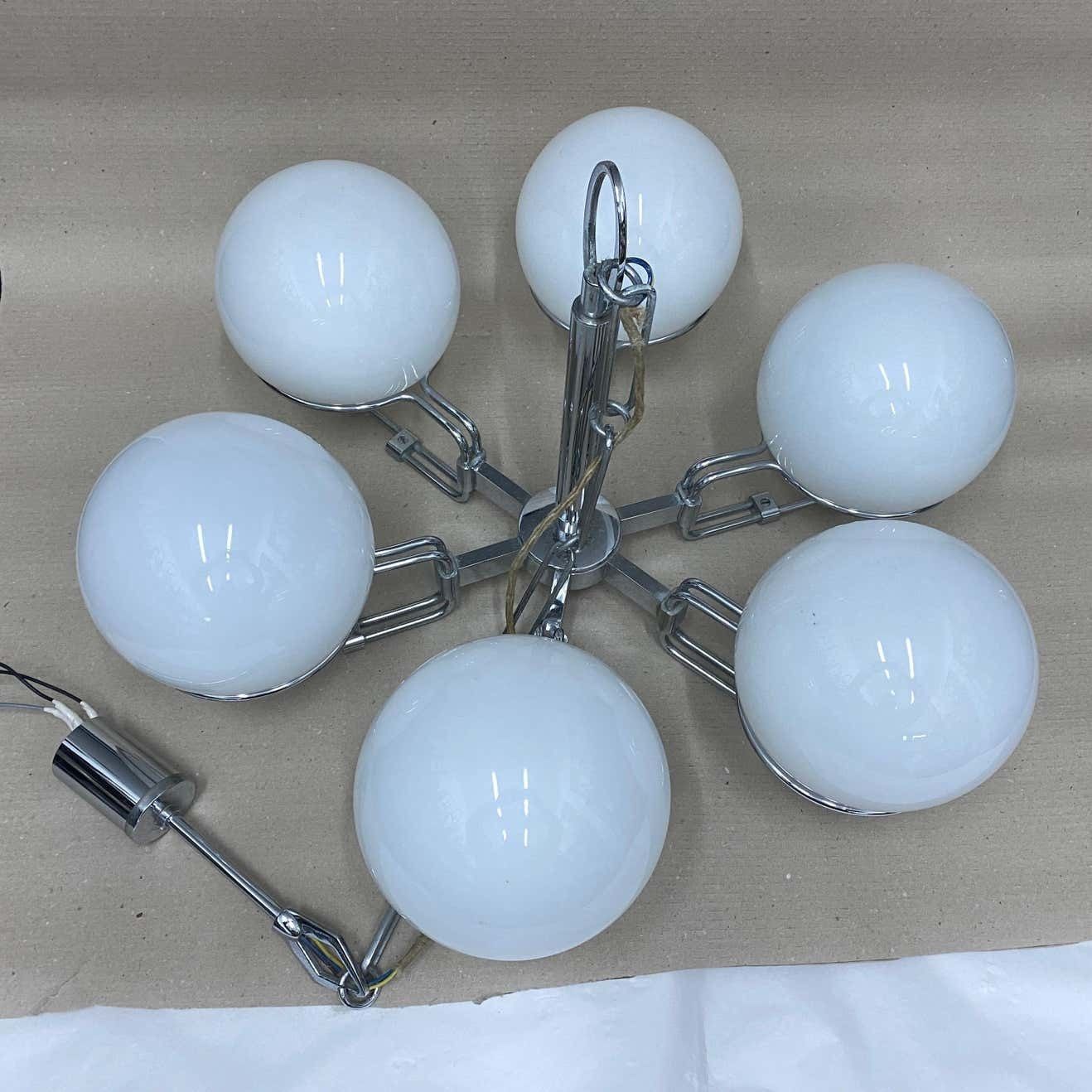 Lighting 1970s Set Of Two Space Age Opaline Glass And Chromed Metal Italian Pendants photo