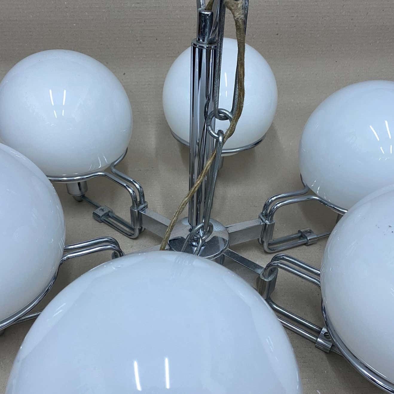 2670.0 1970s Set Of Two Space Age Opaline Glass And Chromed Metal Italian Pendants photo