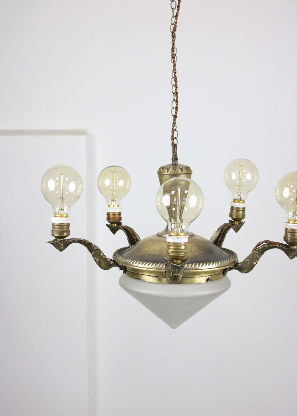 Art Deco Vintage Brass And Glass Chandelier