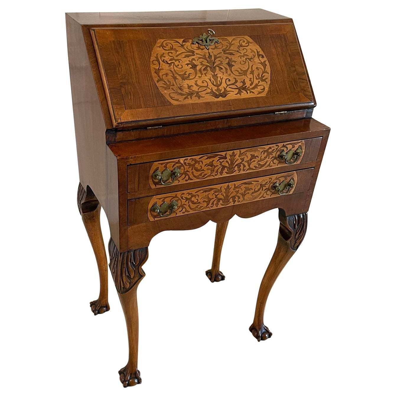 Unusual Antique Burr Walnut Marquetry Inlaid Bureau