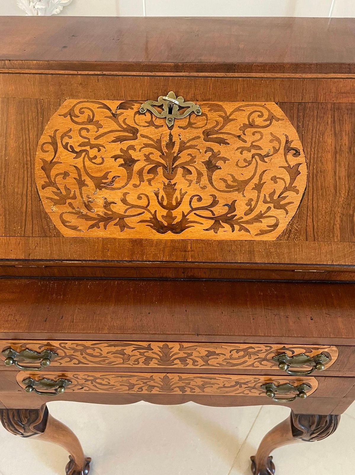 Unusual Antique Burr Walnut Marquetry Inlaid Bureau photo furniture