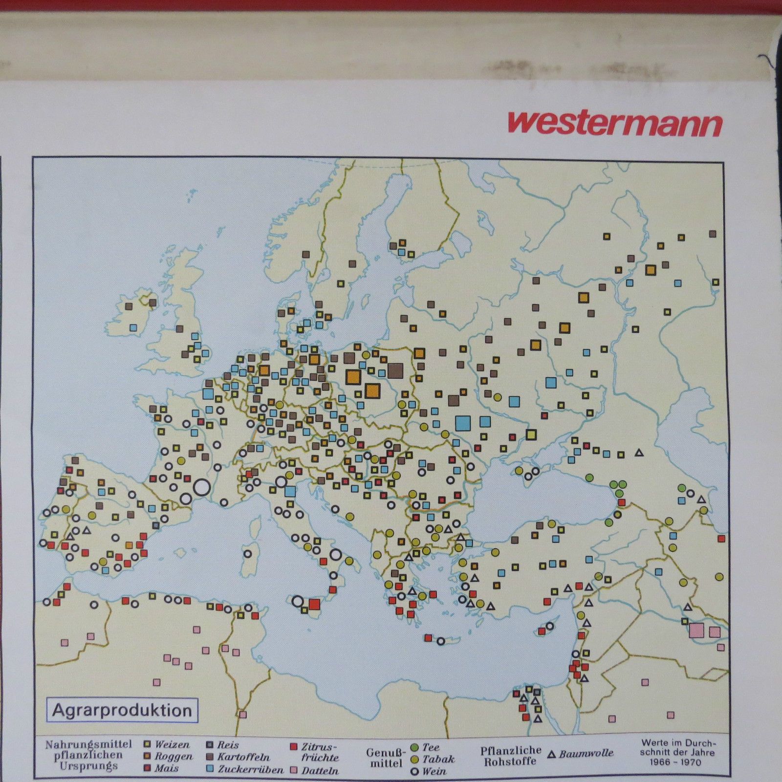 Vintage Pull Down Geographical School Wall Map Of Europe Agriculture Crops photo Art