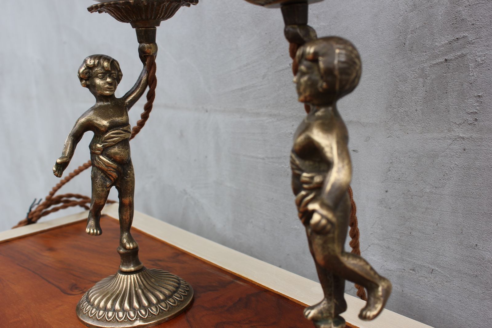 Brass Cherub Bedside Lamps Pair Baroque Table Lamps With White Glass Shades photo buy