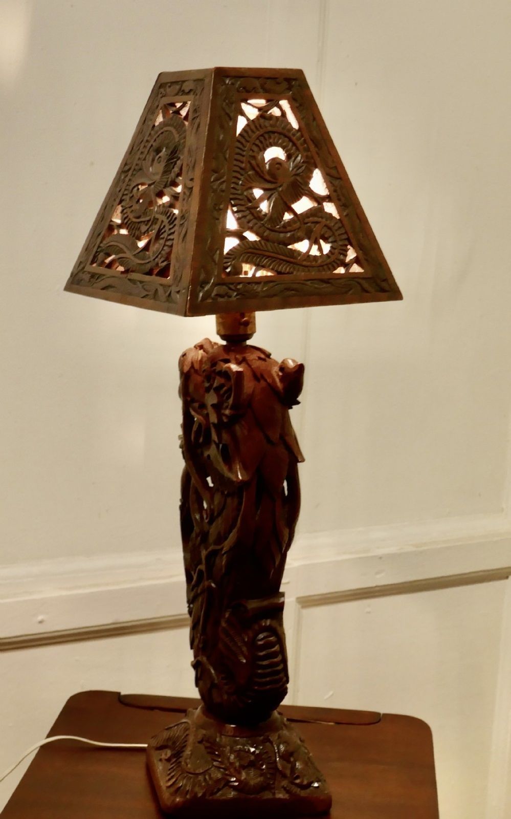 Oriental Folk Art Carved Teak Dragon Lamp