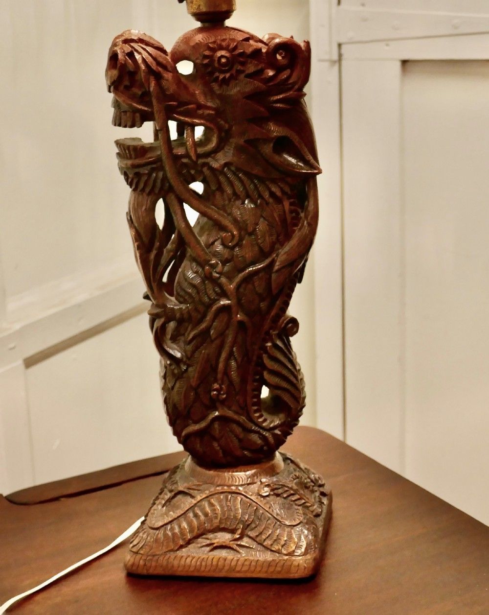 Oriental Folk Art Carved Teak Dragon Lamp photo furniture
