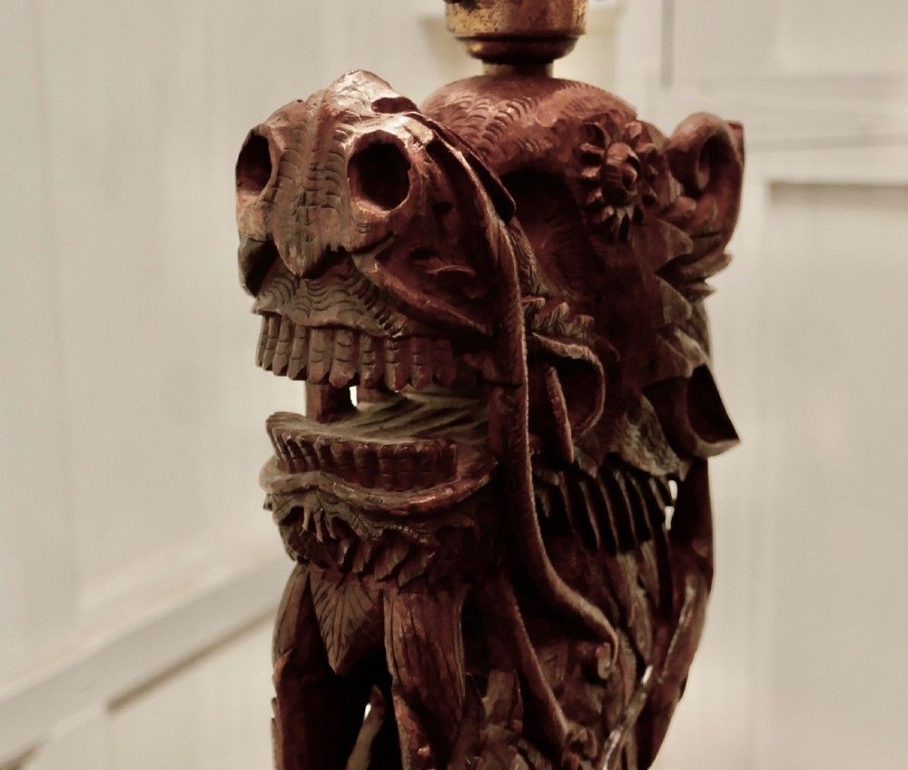 Oriental Folk Art Carved Teak Dragon Lamp photo for sale