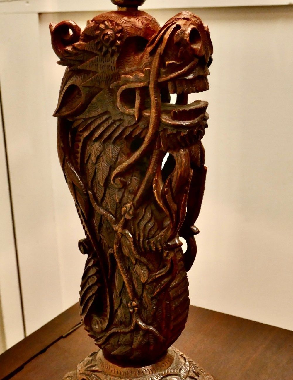 Oriental Folk Art Carved Teak Dragon Lamp photo Lighting