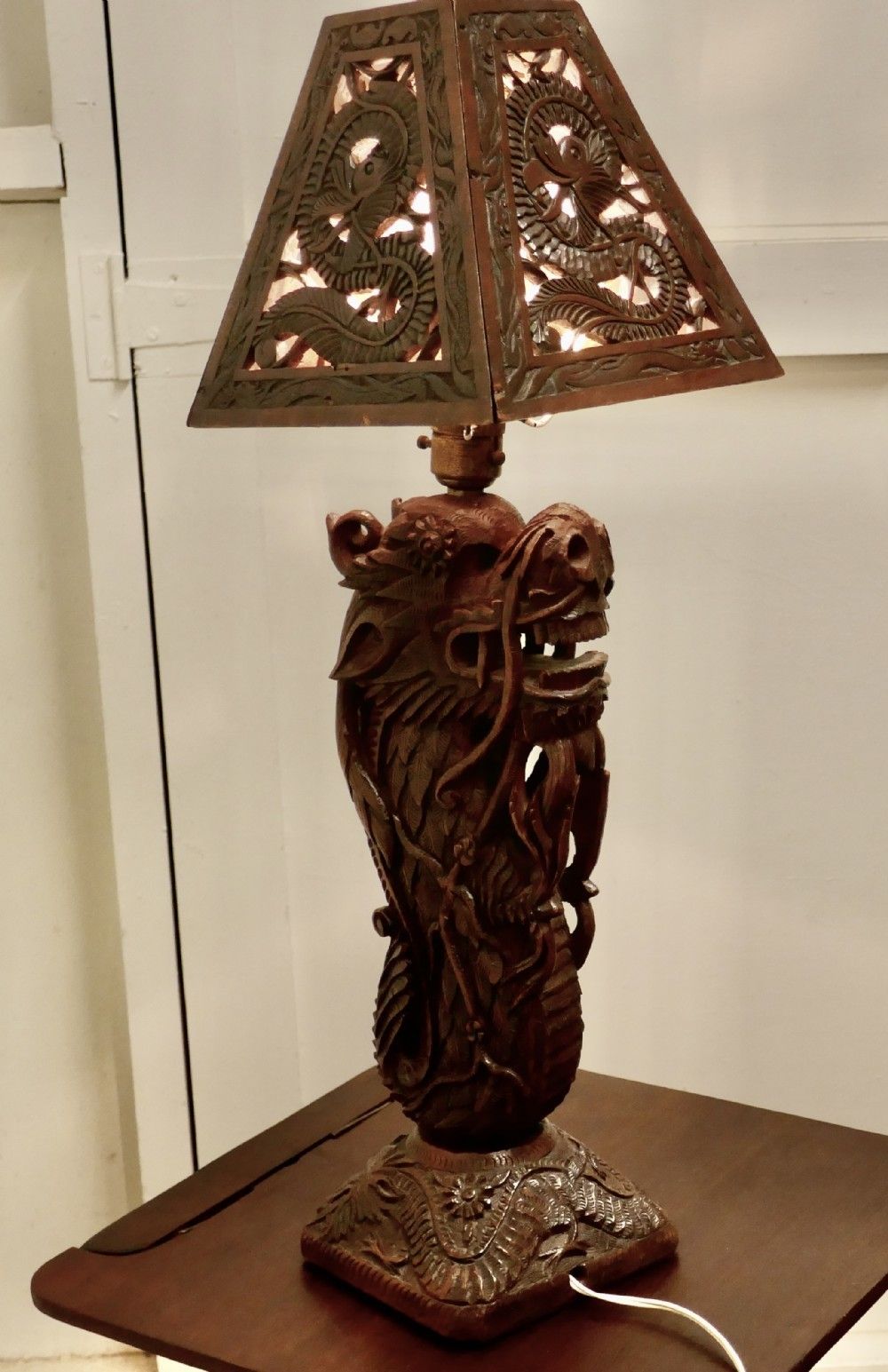 Oriental Folk Art Carved Teak Dragon Lamp photo vinterior