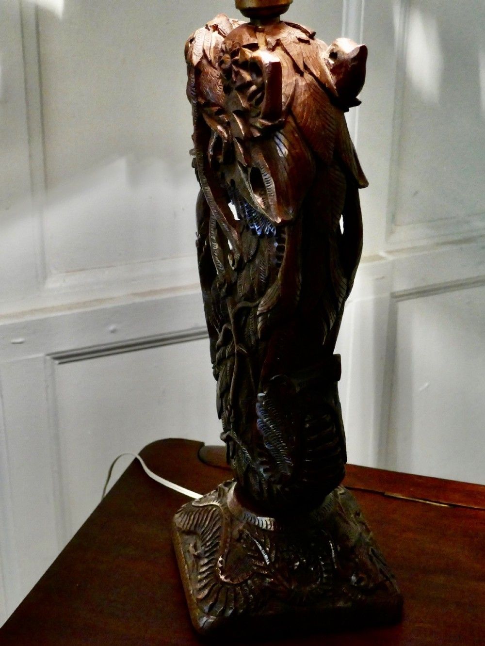 Oriental Folk Art Carved Teak Dragon Lamp photo vintage