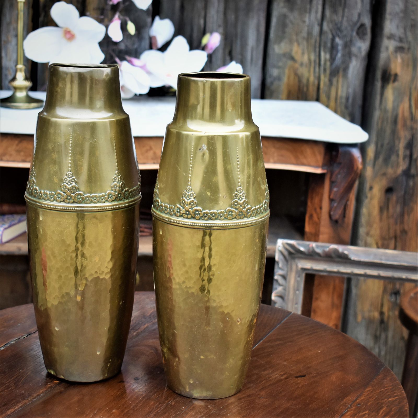 Antique Rare Wmf Brass Repoussé Embossed Jugendstil Art Nouveau Vases Large Pair photo vintage