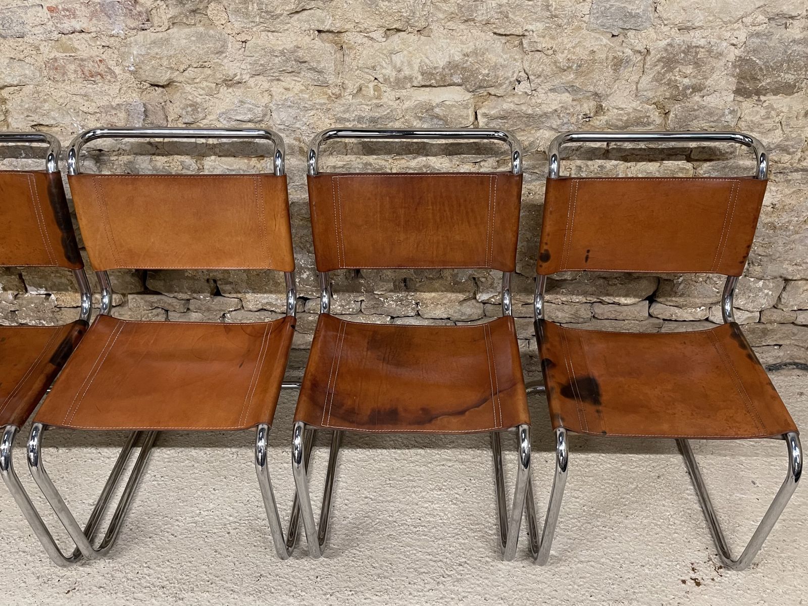 Mart Stam Marcel Breuer S33 Set Of Six Fasem Chrome Tan Brown Leather Cantilever Bauhaus 6 Dining Chairs photo buy
