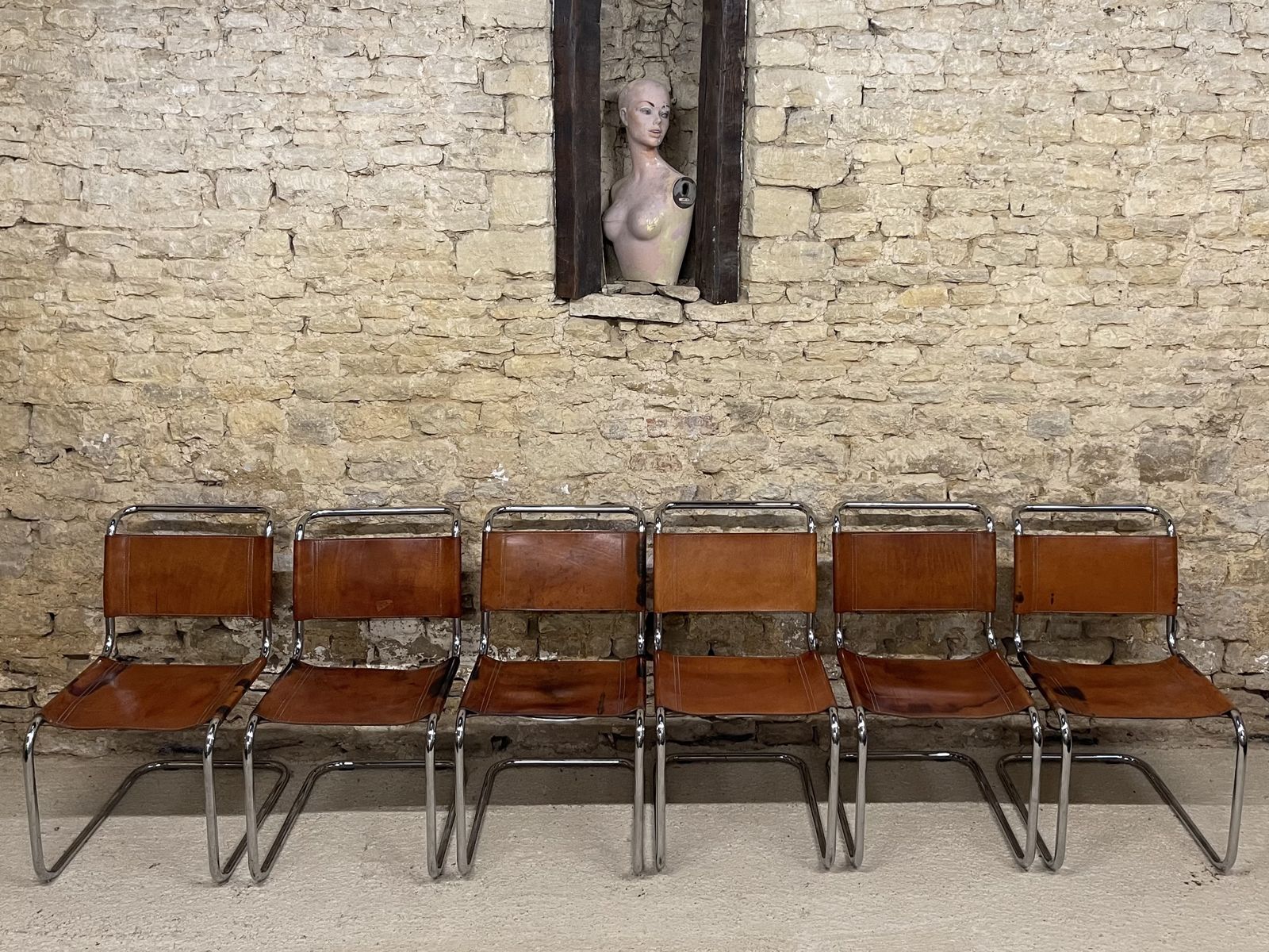 photo buy Mart Stam Marcel Breuer S33 Set Of Six Fasem Chrome Tan Brown Leather Cantilever Bauhaus 6 Dining Chairs