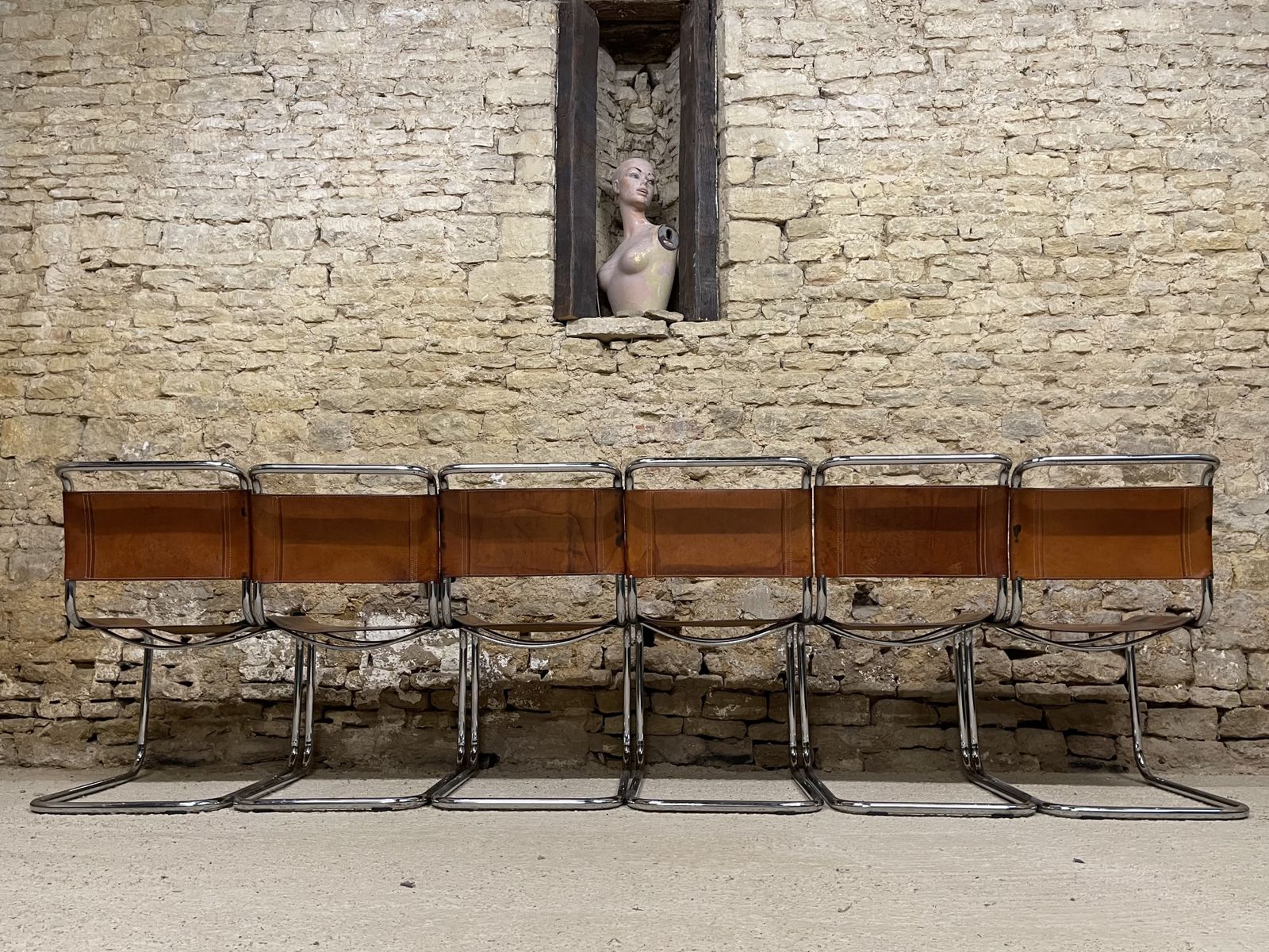 Mart Stam Marcel Breuer S33 Set Of Six Fasem Chrome Tan Brown Leather Cantilever Bauhaus 6 Dining Chairs photo furniture