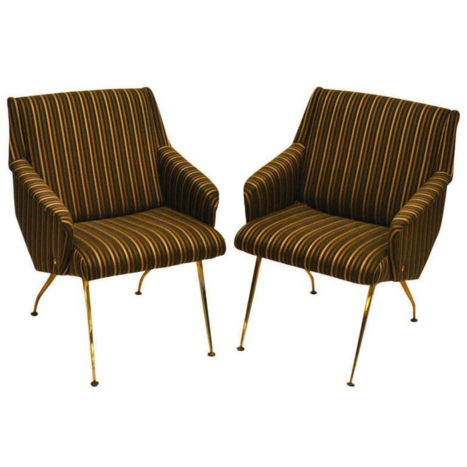 Pair Of Lounge Chairs 1950's In Black And Gold Striped Fabric