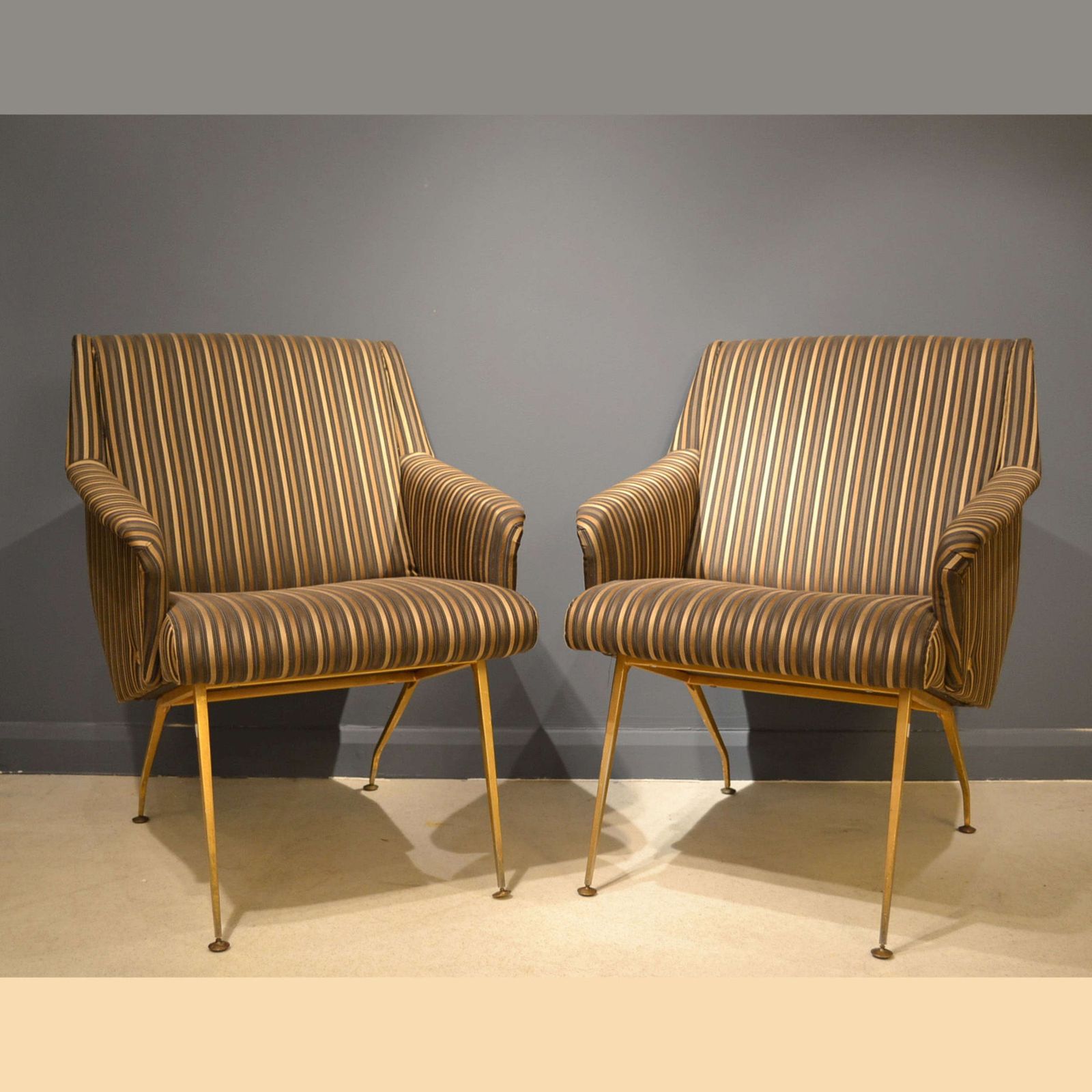Pair Of Lounge Chairs 1950's In Black And Gold Striped Fabric photo 2250.0