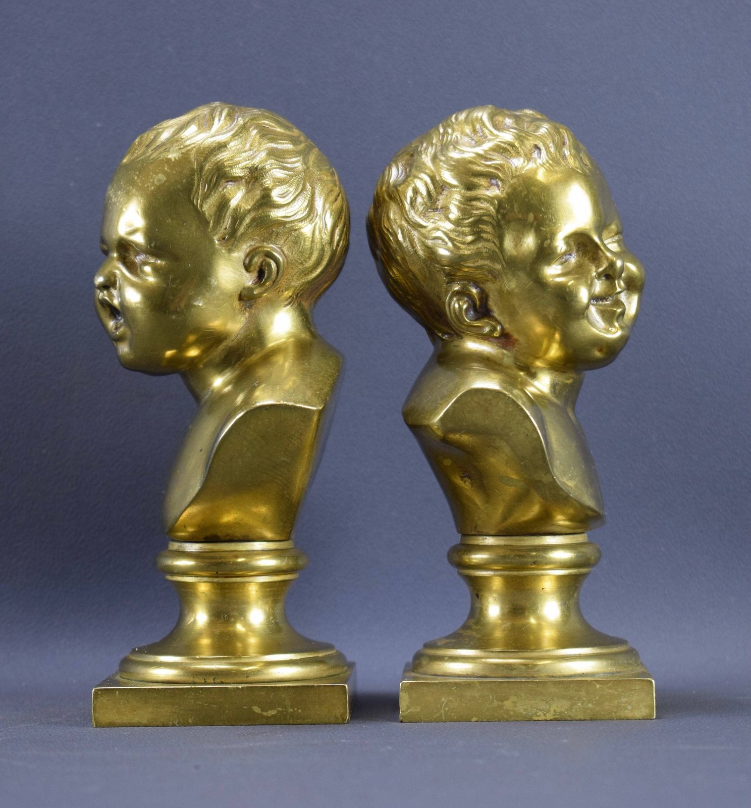 Pair Bronze Statues Busts Houdon The Laughing Child The Crying Child John photo furniture