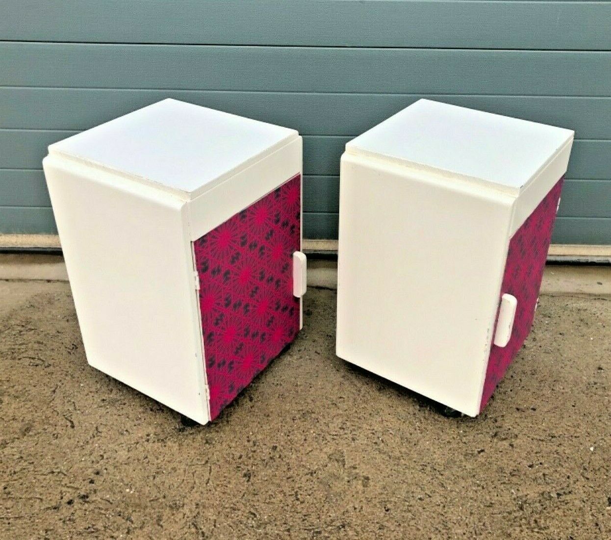 269.0 Mid Century Unique Funky Pair Of Upcycled Bedside Cabinets / Bedside Lamp Tables photo