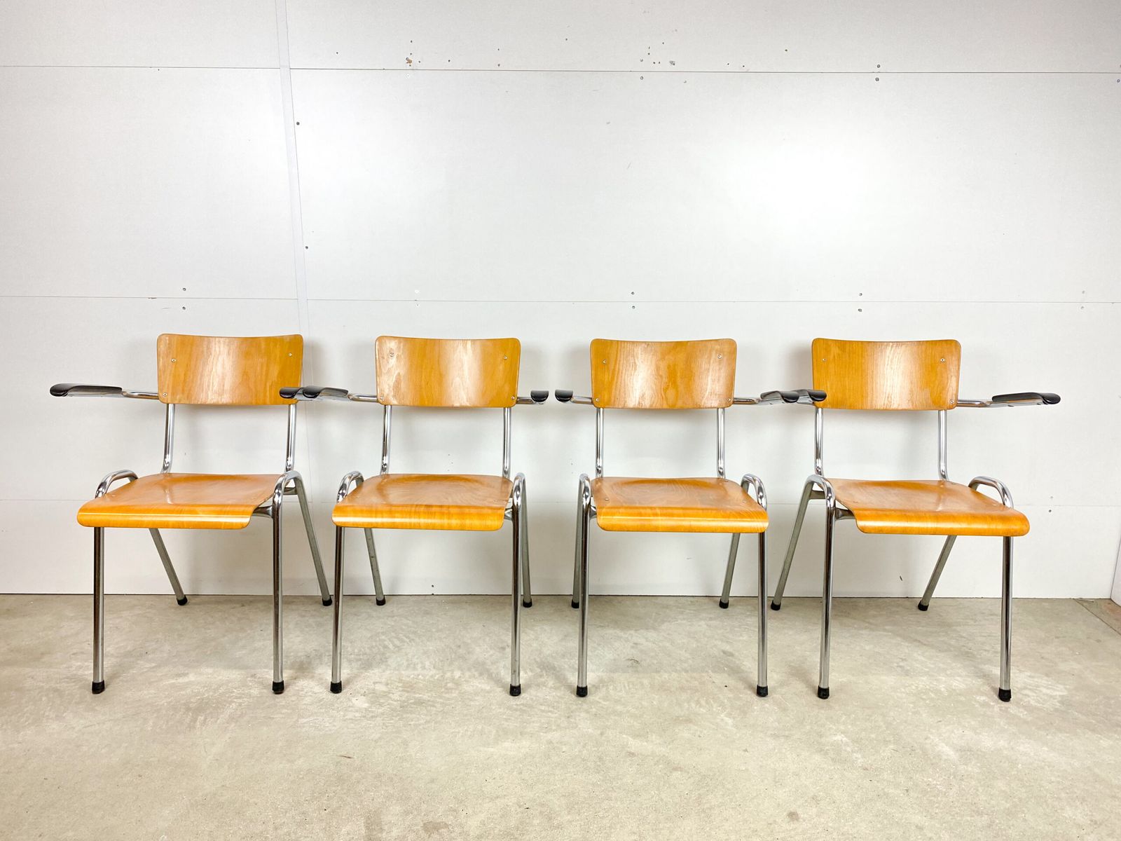 Set Of 4 Wooden Vintage School Chairs With Armrests photo for sale