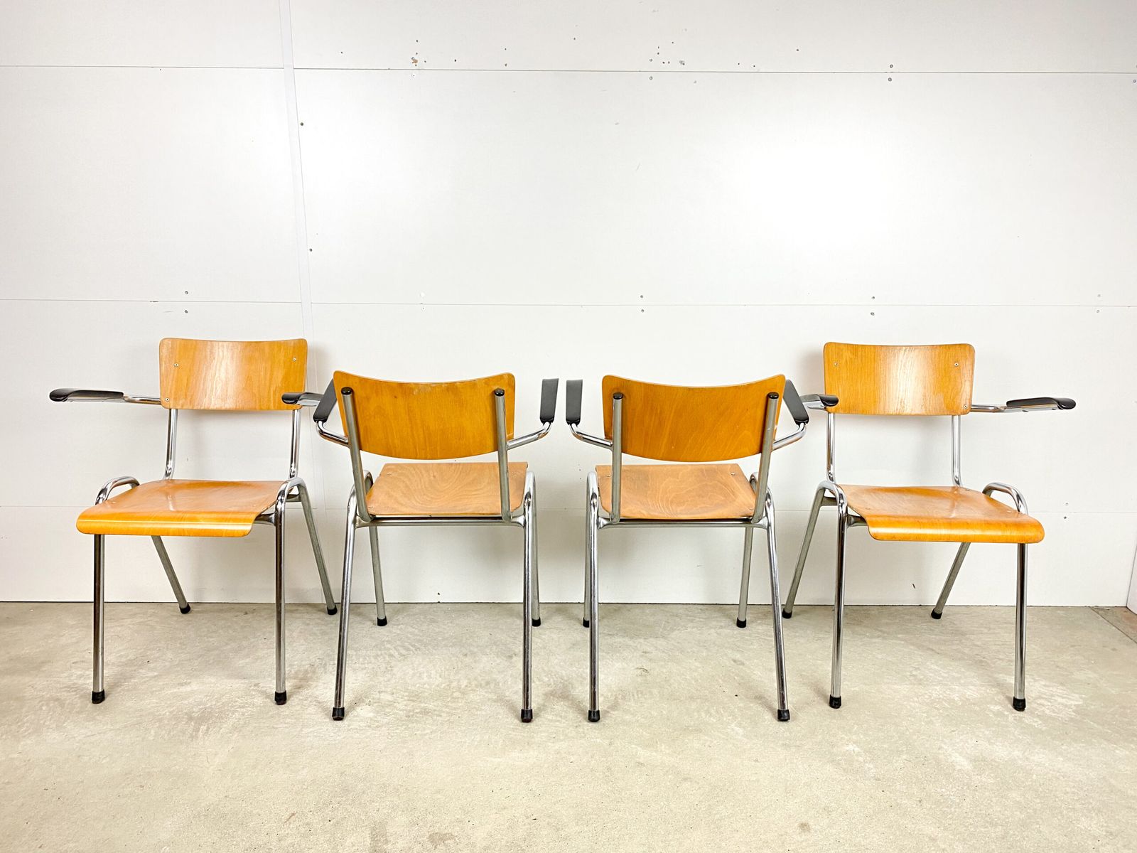 Set Of 4 Wooden Vintage School Chairs With Armrests photo Furniture
