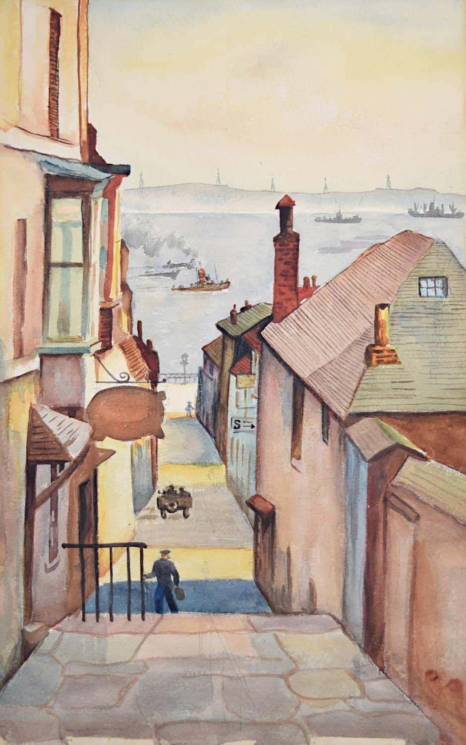 Falmouth, 1944 Watercolour (Artist Unknown, Modern British School)