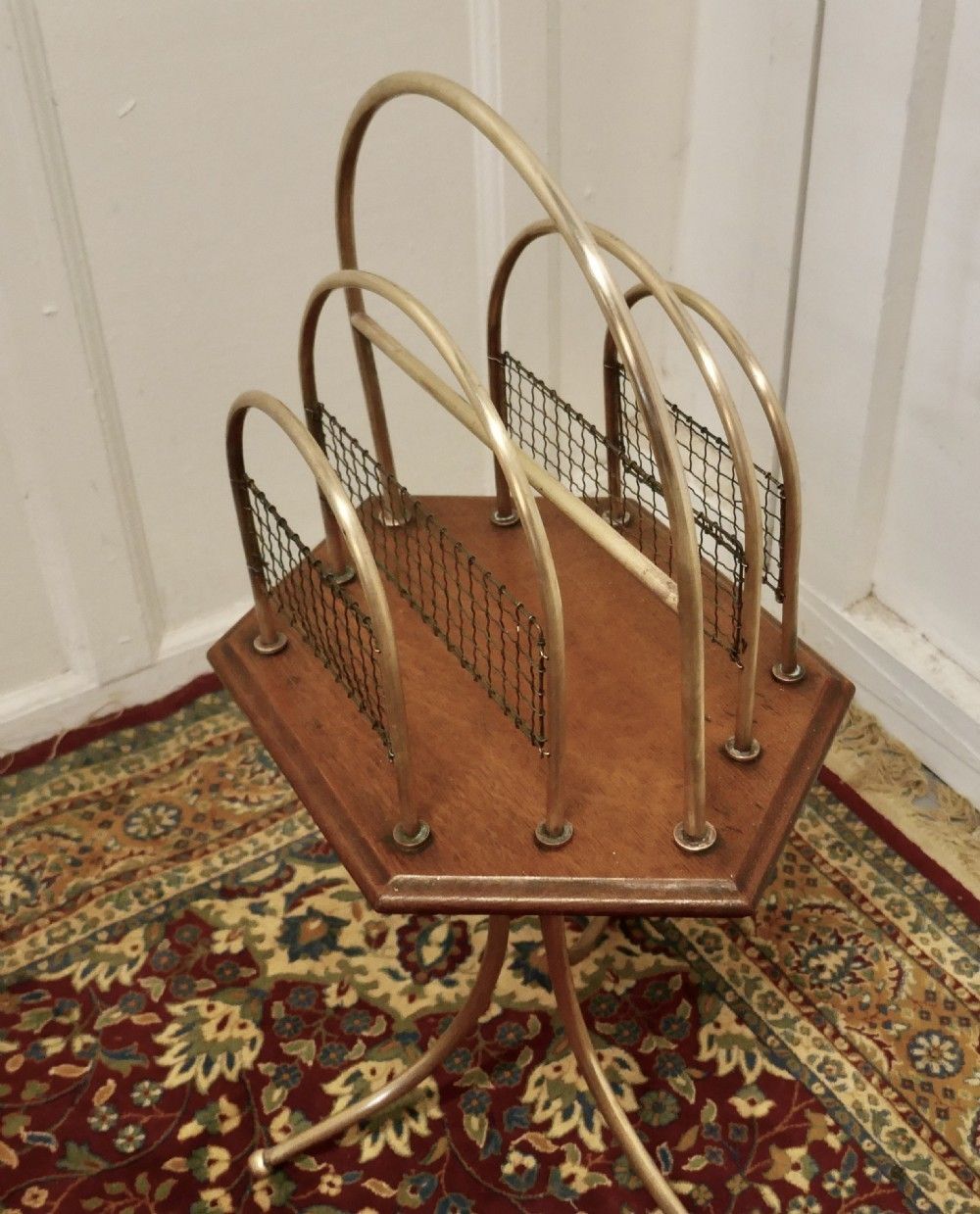 Elegant Victorian Golden Oak And Brass Revolving Magazine Rack photo furniture