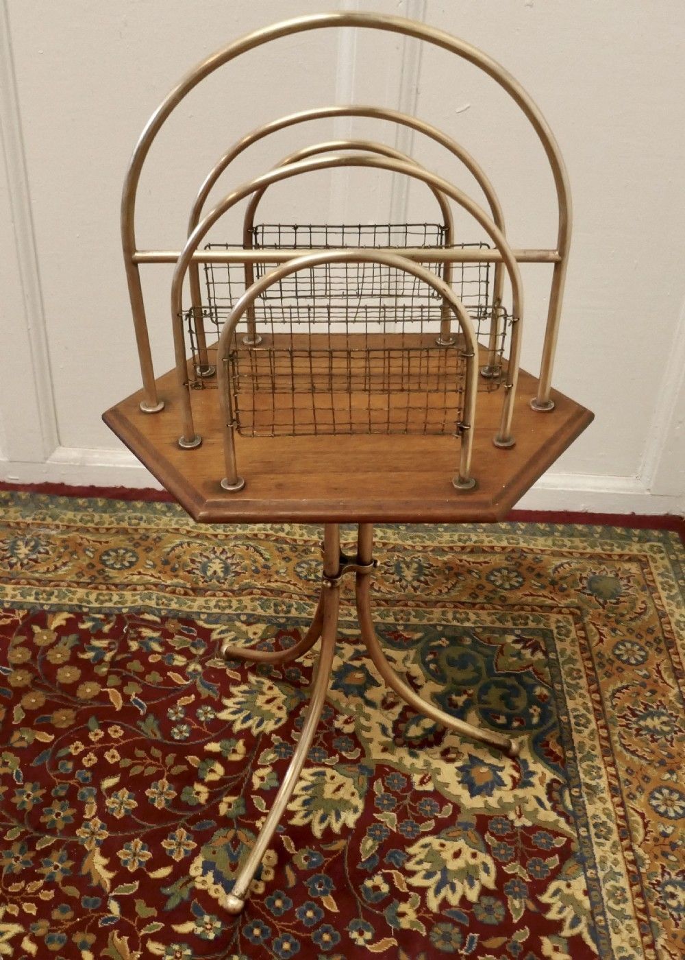 Elegant Victorian Golden Oak And Brass Revolving Magazine Rack photo Home Decor