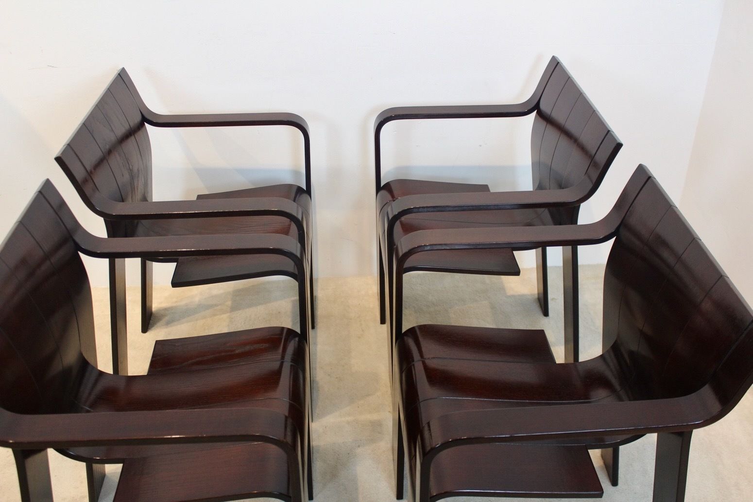 Set Of Four Strip  Dining Chairs With Armrests In Dark Brown Ashwood By Gijs Bakker For Castelijn photo Furniture