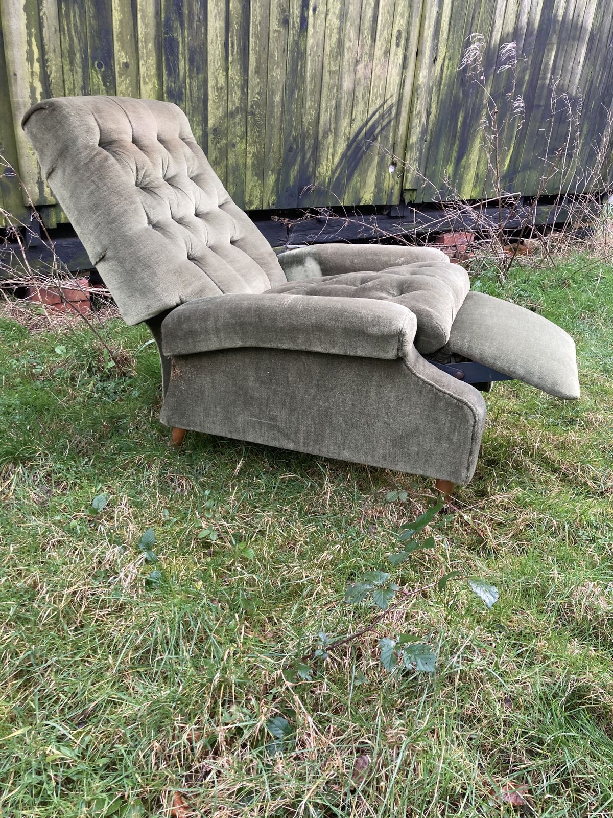 Mid Century Buttoned Green Recliner Chair Restoration Project photo for sale