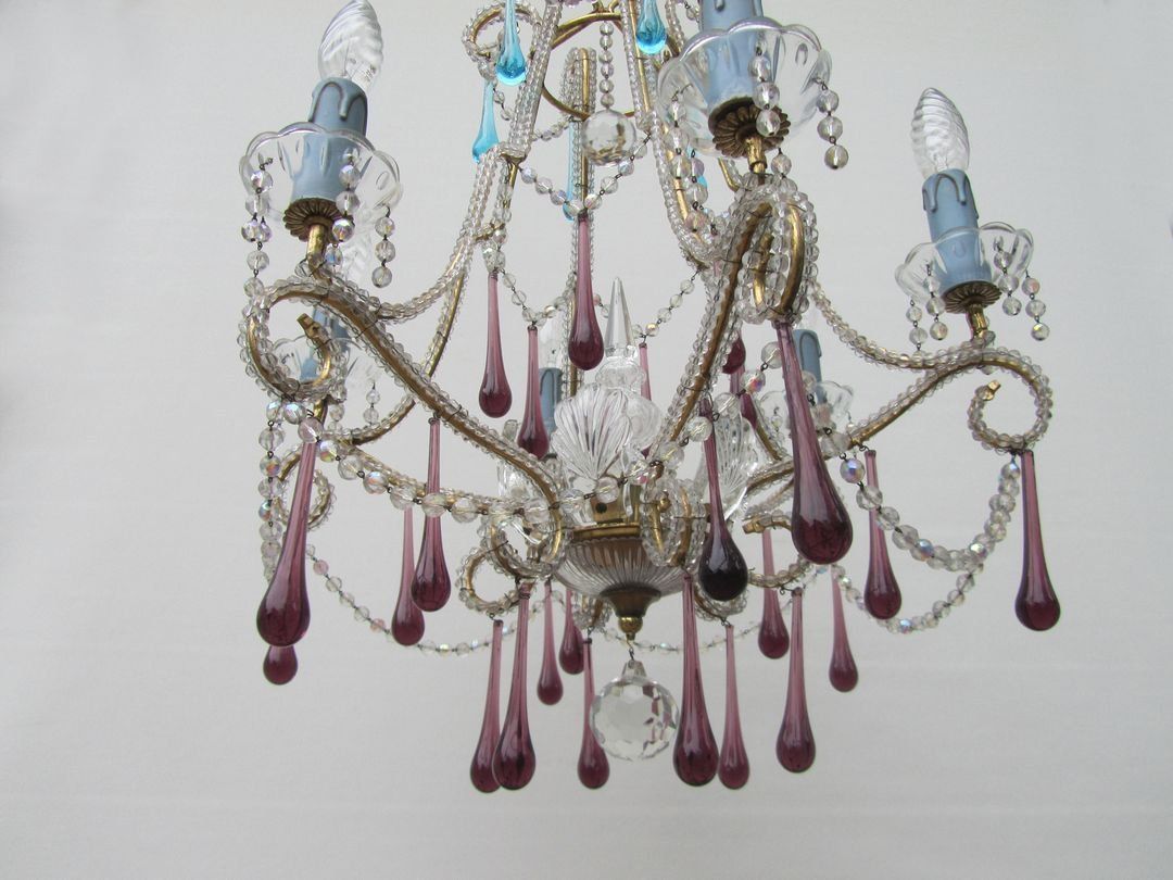 Vintage Italian Crystal Beaded 6 Light Chandelier With Purple & Azure Drops photo furniture