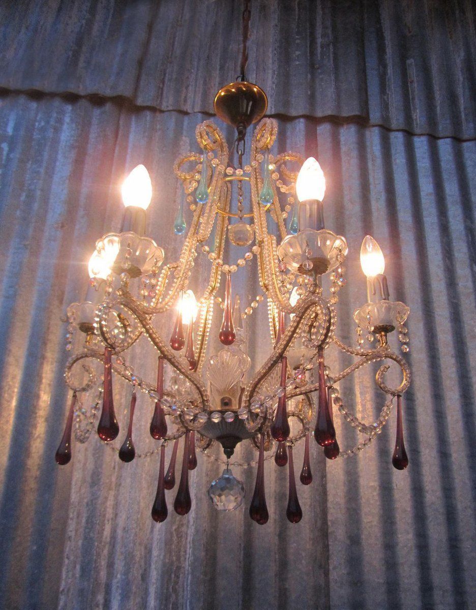 photo vinterior Vintage Italian Crystal Beaded 6 Light Chandelier With Purple & Azure Drops
