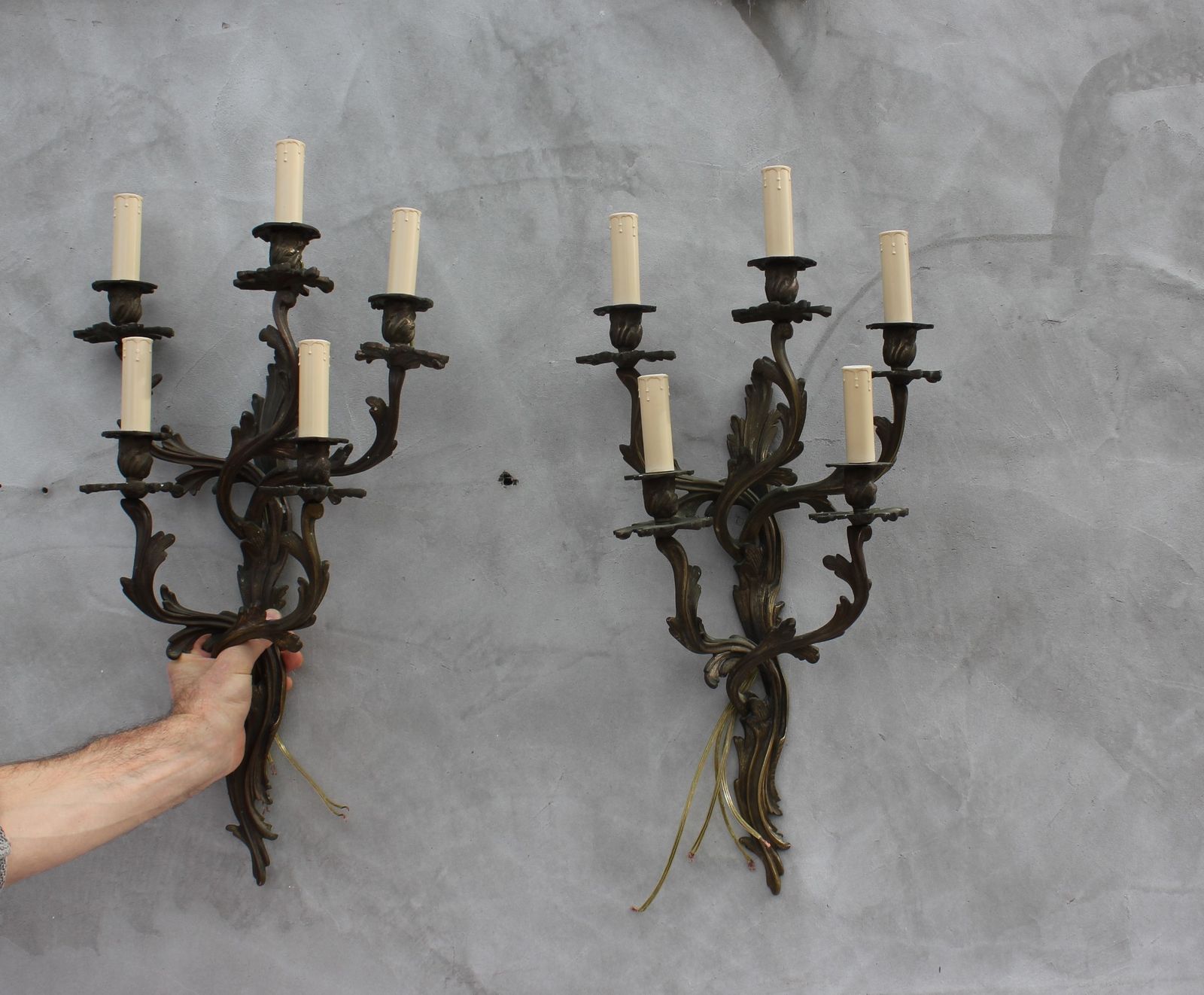 2200.0 Pair Of Large Wall Lamps With 5 Bulb Lights Of Louis XV Rococo Style Bronze Sconces photo