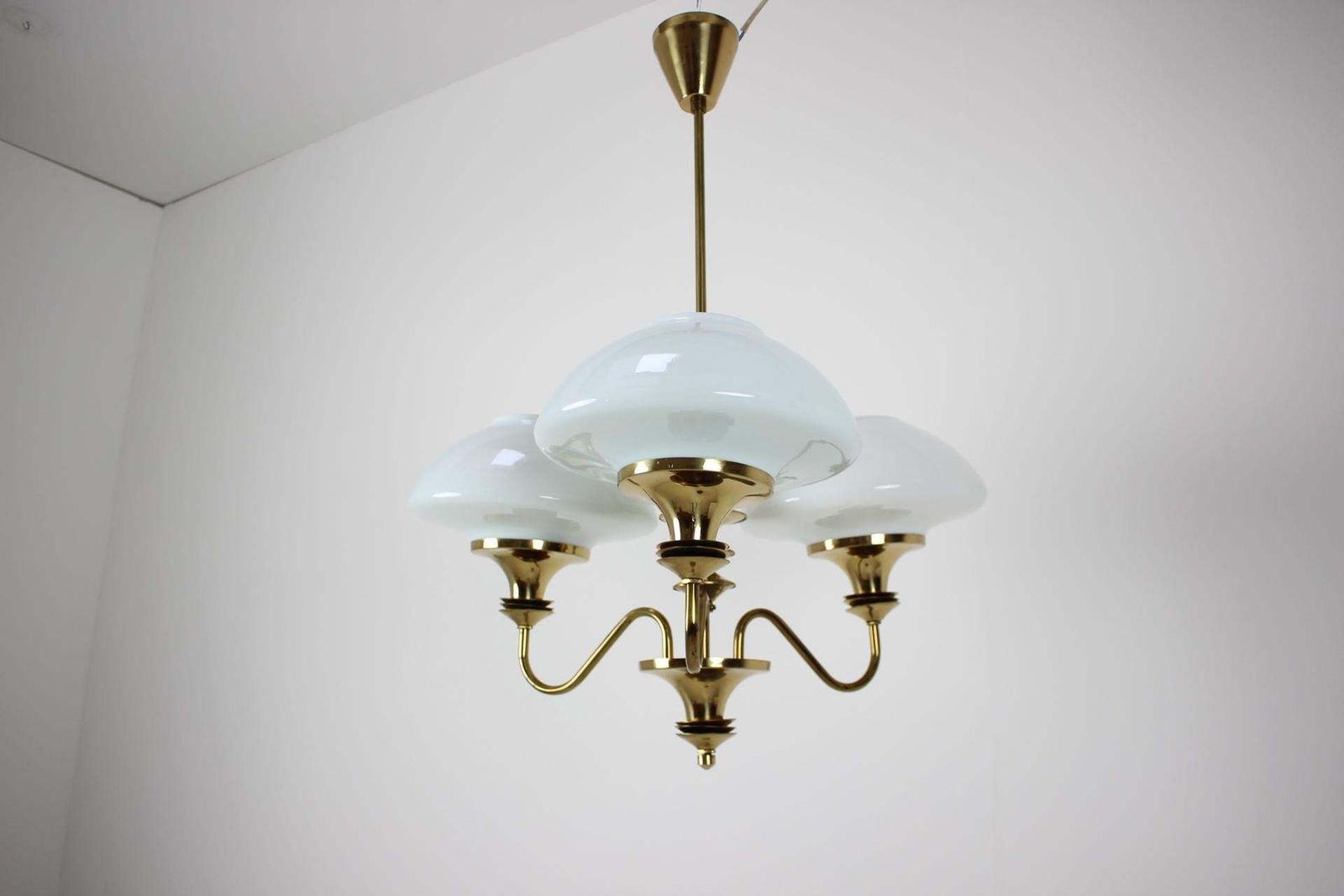 Mid Century Brass Chandelier, Czechoslovakia, 1970s, Made In Jablonec Glassworks photo for sale