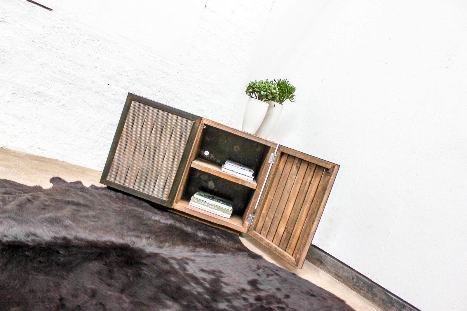 Louisa Reclaimed Scaffolding Board Media Unit With Slatted Wood And Perforated Steel Clad Doors photo buy