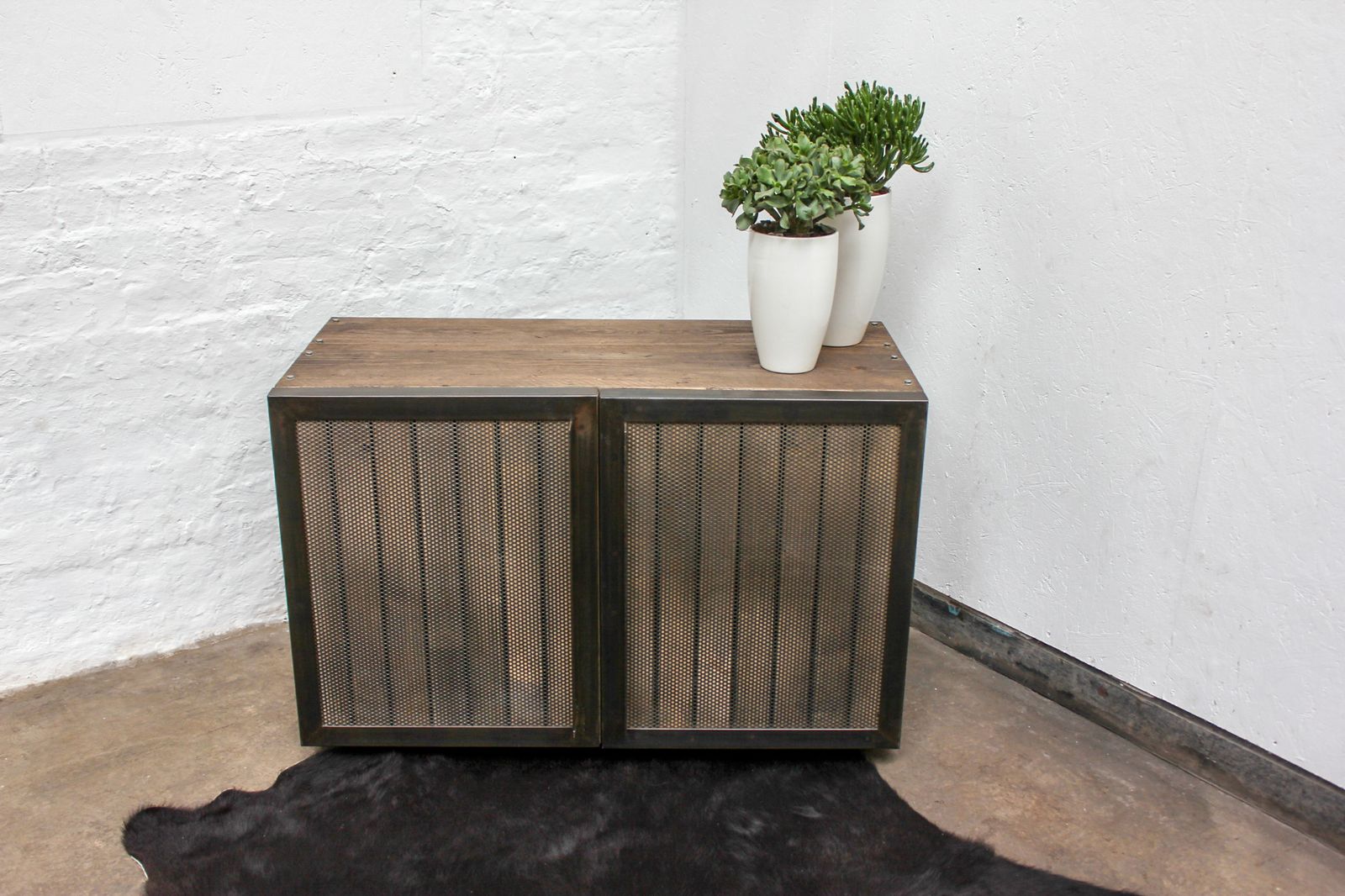 Louisa Reclaimed Scaffolding Board Media Unit With Slatted Wood And Perforated Steel Clad Doors photo vintage