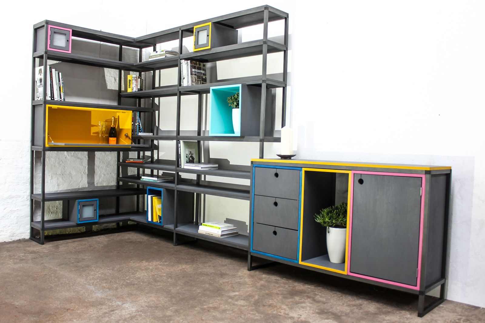 Rhys Bespoke Birch Ply And Aluminium Box Section Colourful Shelves And Storage With Drinks Cabinet